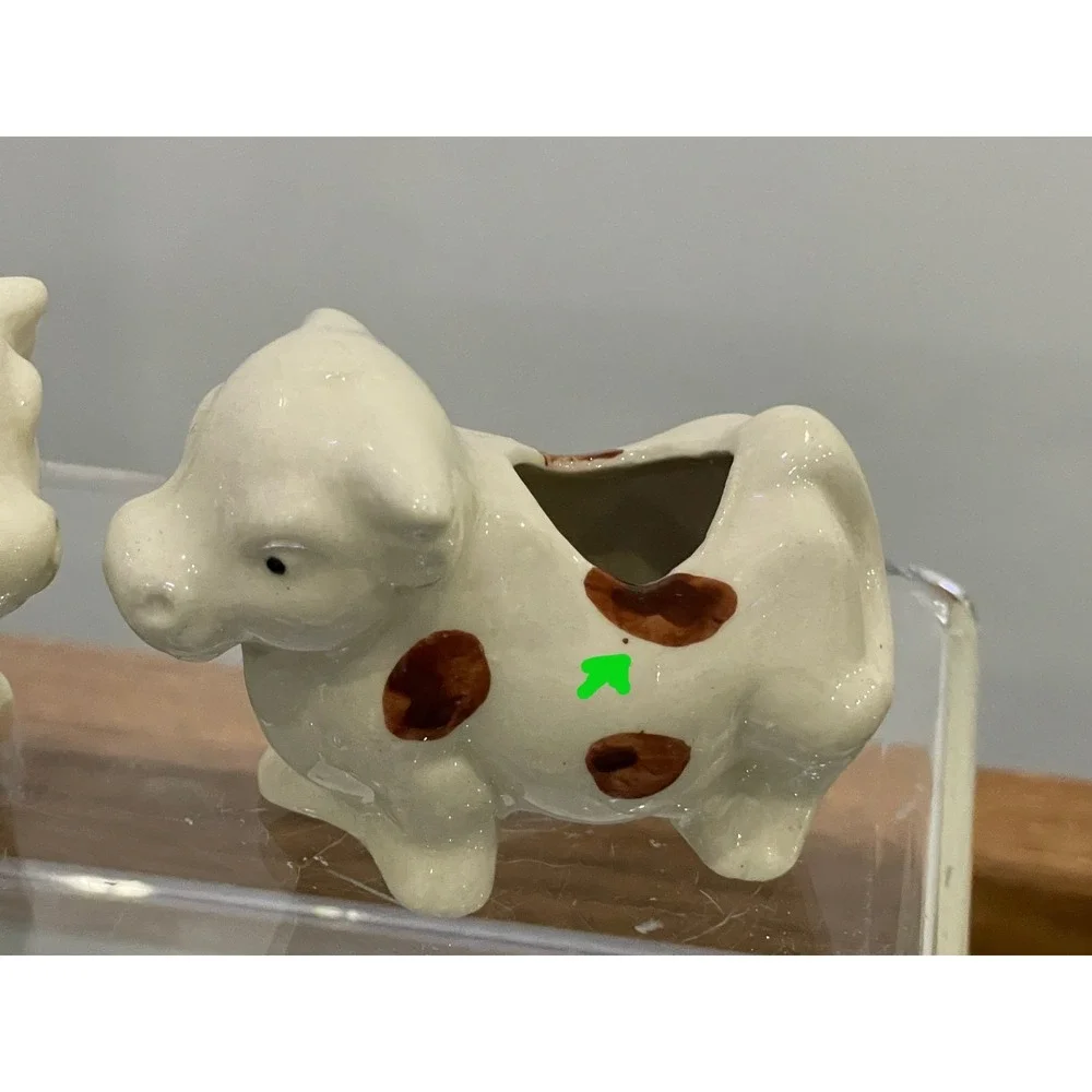 Cow Toothpick Holder Ceramic Vintage Set of 2 White Brown 3.25